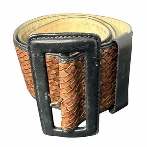 Vintage 90s Banana Republic Wide Woven Leather Belt Boho Basketweave Black Trim